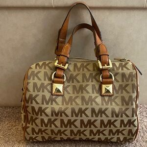 Michael Kors Tan and Brown MK Logo Satchel with Gold Hardware